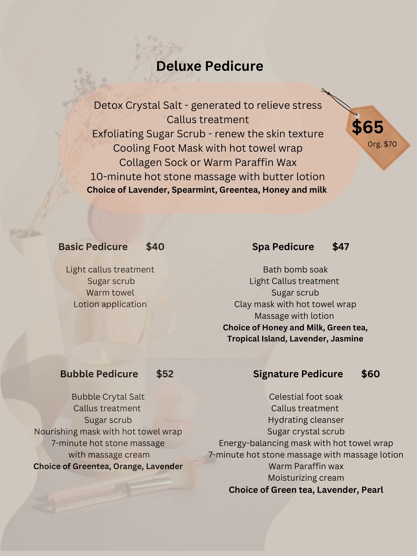 Lucky Nail Spa pedicure menu page 1 - Deluxe, Basic, Spa, Bubble and Signature pedicures with pricing