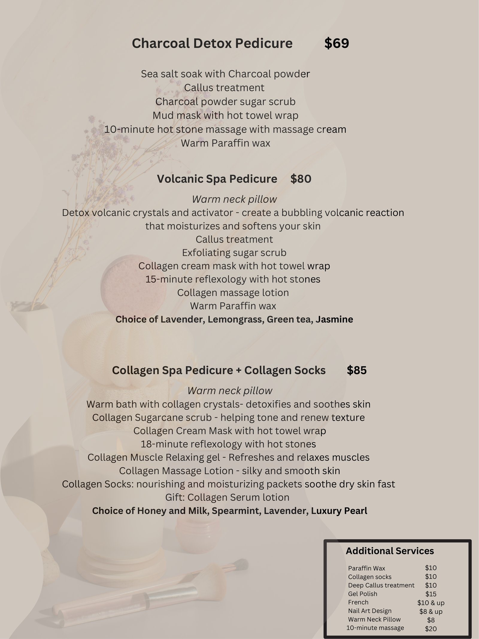 Lucky Nail Spa pedicure menu page 2 - Charcoal Detox, Volcanic Spa and Collagen pedicures with pricing