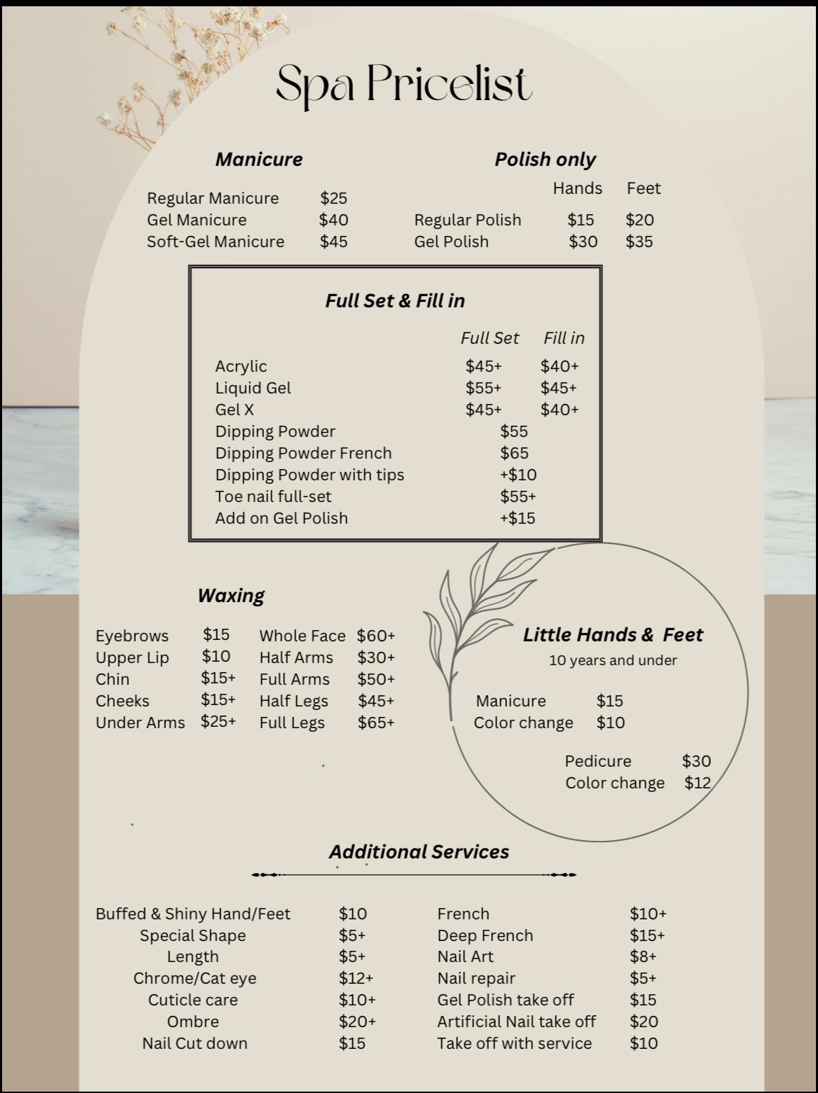 Lucky Nail Spa spa pricelist - manicures, polish, full set and fill in, waxing, little hands and feet, and additional services